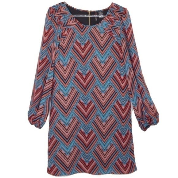 Fire Los Angeles Chevron Print Multicolor Long Sleeve Zip Back Shift Dress Small - Picture 1 of 6